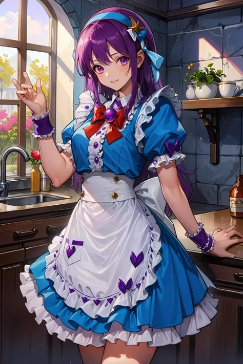 (masterpiece, best quality:1.2), intricate details, <lyco:GoodHands-beta2:1>, <lora:athena_asamiya-000010:1>, athena asamiya, 1girl, purple eyes, purple hair, long hair, frills, apron, puffy short sleeves, blue dress, hairband, blue bow, wristband