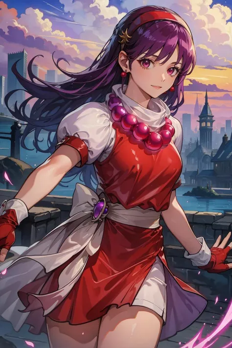 (masterpiece, best quality:1.2), intricate details, <lyco:GoodHands-beta2:1>, <lora:athena_asamiya-000010:1>, athena asamiya, 1girl, red dress, purple hair, puffy short sleeves, hairband, fingerless gloves, earrings, necklace, long hair