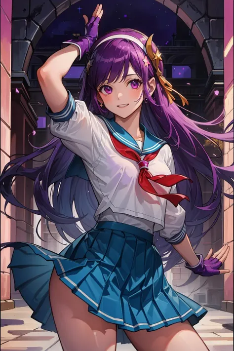 (masterpiece, best quality:1.2), intricate details, <lyco:GoodHands-beta2:1>, <lora:athena_asamiya-000010:1>, athena asamiya, 1girl, school uniform, fingerless gloves, hairband, long hair, serafuku, purple hair, purple eyes, star hair ornament, pleated skirt