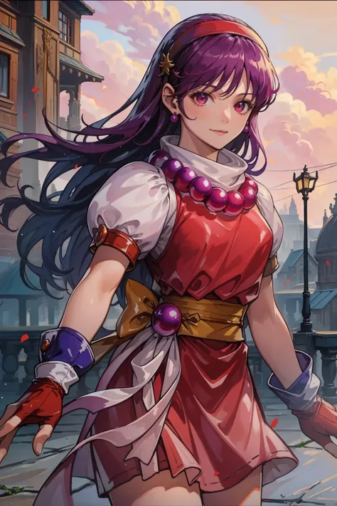 (masterpiece, best quality:1.2), intricate details, <lyco:GoodHands-beta2:1>, <lora:athena_asamiya-000010:1>, athena asamiya, 1girl, red dress, purple hair, puffy short sleeves, hairband, fingerless gloves, earrings, necklace, long hair, sash