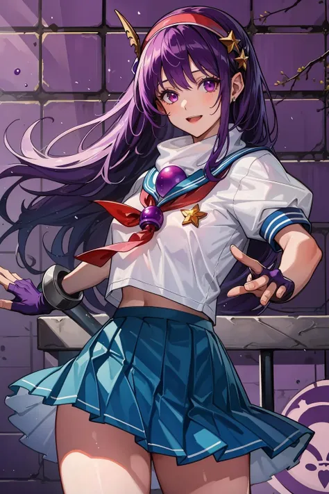 (masterpiece, best quality:1.2), intricate details, <lyco:GoodHands-beta2:1>, <lora:athena_asamiya-000010:1>, athena asamiya, 1girl, school uniform, fingerless gloves, hairband, long hair, serafuku, purple hair, purple eyes, star hair ornament, pleated skirt