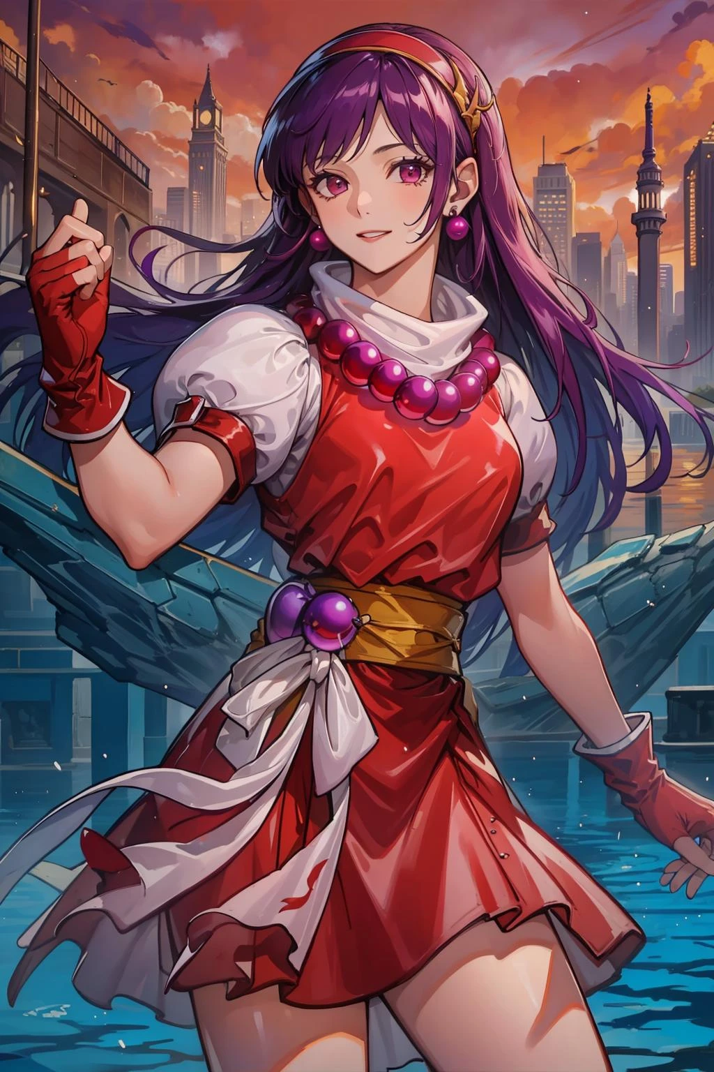 (masterpiece, best quality:1.2), intricate details, <lyco:GoodHands-beta2:1>, <lora:athena_asamiya-000010:1>, athena asamiya, 1girl, red dress, purple hair, puffy short sleeves, hairband, fingerless gloves, earrings, necklace, long hair, sash