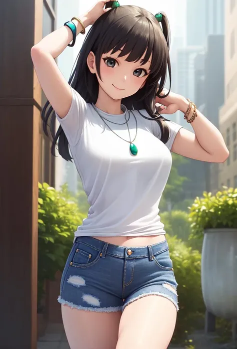 (masterpiece, best quality), 1girl, solo, tsurara, jeans, white shirt, bracelet, necklace, arm up, smile <lyco:tsuraraPopNMusic:1.0>