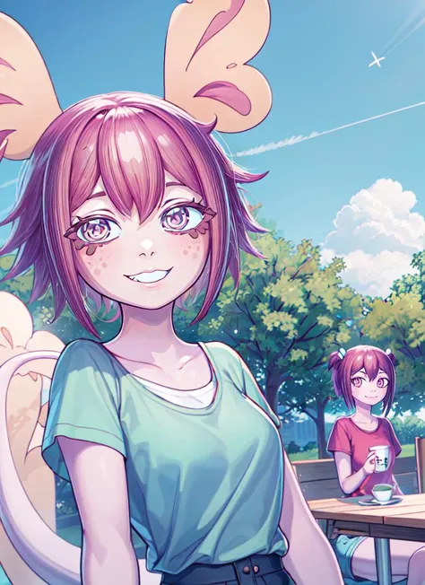 ((best quality)), ((highly detailed)), masterpiece, absurdres, extremely detailed face, beautiful face, (detailed eyes, deep eyes), (1girl), from the front, dynamic pose, upper body, <lora:hairdetailer:1>, <lora:vitzypieaxol:.9>, pink hair, short hair, colored skin, pink skin, pink eyes, monster girl, tail, medium breasts, smiling, white t-shirt, shorts, (outdoors, in a cafe, coffee, (3girls), midday)