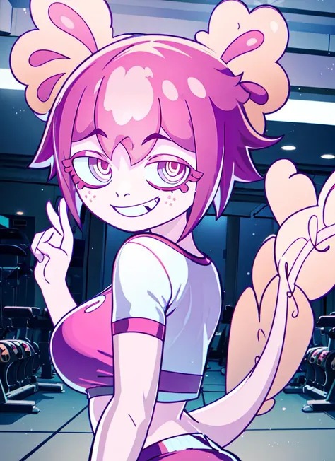 ((best quality)), ((highly detailed)), masterpiece, absurdres, (detailed eyes, deep eyes), (1girl), dynamic pose, upper body, <lora:vitzypieaxol:.9>, pink hair, short hair, colored skin, pink skin, pink eyes, monster girl, tail, medium breasts, smiling, white t-shirt, shorts, (indoors, in a gym)