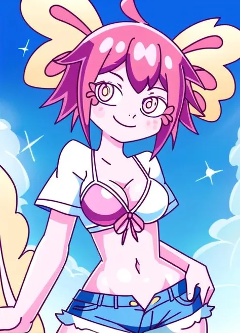 <lora:vitzypieaxol-06:0.8>0.8girl, pink hair, colored skin, pink skin, solo, short hair, breasts, smile, pink eyes, monster girl, medium breasts,bikini,shorts,jean_shorts,white_shirt,shirt,