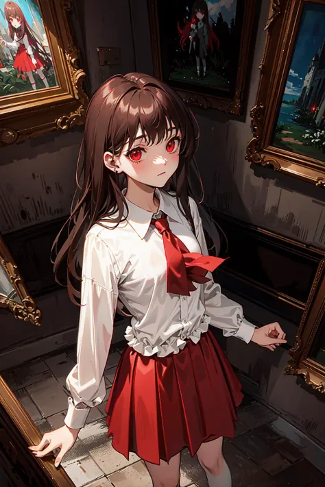 <lora:ibib:0.8>1 very young girl, ib,red glowing eyes,brown long hair,white shirt,red short skirt,red tie,dim,
(aestheticism,aesthetic sensibility,art gallery,formal balanc,weird and depressing atmosphere:1.3),
good detailed, (glowing background),
best quality, wide-angle Hyperdetailed, masterpiece, 8k, natural lighting, soft lighting, sunlight, HDR (High Dynamic Range), Maximum Clarity And Sharpness, Multi-Layered Textures,
 <lora:breastsizeslideroffset:-0.4>