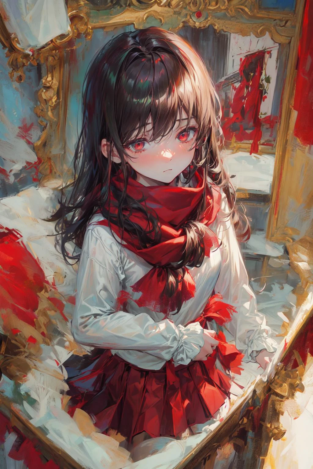 (best art,8k,illustration,ib, top view:1.3), (quiet art gallery,beautiful works of art,beautiful light and shadow,closed mouth:1.13),((red rose,: 1)),best artwork,r(ed theme,black theme,dark green theme,golden ratio :1.123456789) ,(1 young girl,9 ,white shirt,red skirt,red scarf,long hair,shy, expressionless,:1.3), ultra high res, masterpiece, best quality, ,highly detailed face, perfect eyes,((disturbed: 1.3)), <lora:add_detail:1> <lora:GoodHands-vanilla:0.4126> <lora:ibv3:0.689>