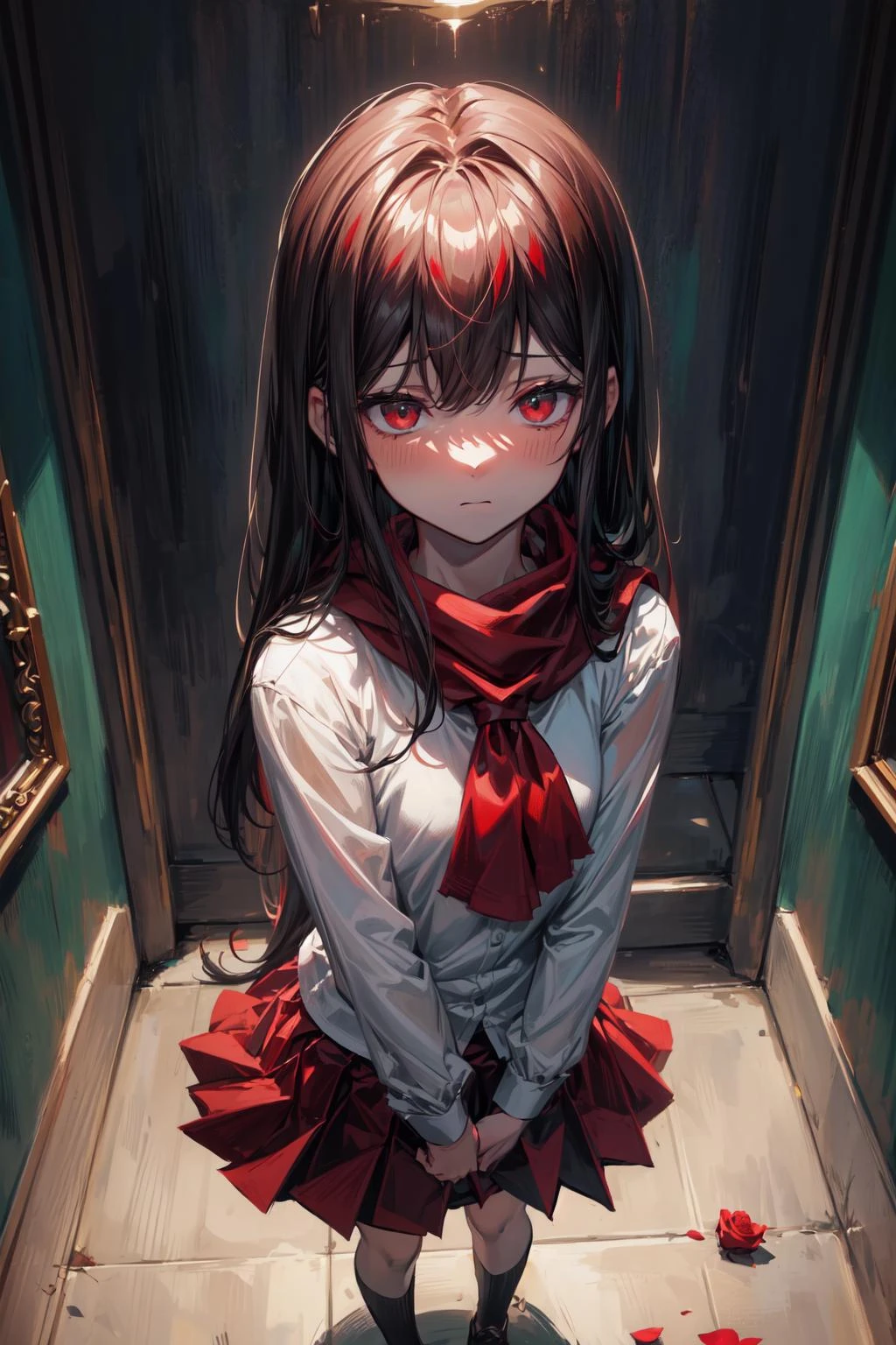 (best art,8k,illustration,ib,Three-point perspective, top view:1.3), (quiet art gallery,beautiful works of art,beautiful light and shadow,closed mouth:1.13),((red rose,: 1)),best artwork,r(ed theme,black theme,dark green theme,golden ratio :1.123456789) ,(1 young girl,9 ,white shirt,red skirt,red scarf,long hair,shy, expressionless,:1.3), ultra high res, masterpiece, best quality, ,highly detailed face, perfect eyes,((disturbed: 1.3)), <lora:add_detail:1> <lora:GoodHands-vanilla:0.4116> <lora:ibv3:0.689>