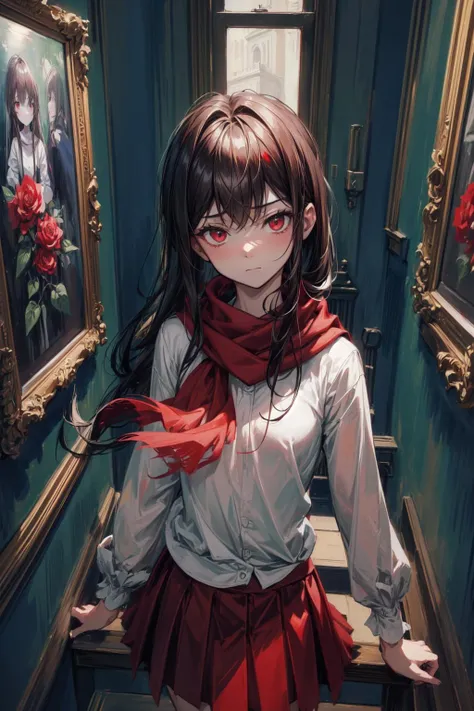 (best art,8k,illustration,ib:1.3), (quiet art gallery,beautiful works of art,beautiful light and shadow,closed mouth:1.13),((red rose,: 1)),best artwork,red theme,black theme  ,(1 young girl,9 years old,white shirt,red skirt,red scarf,:1.3), ultra high res, masterpiece, best quality, ,highly detailed face, perfect eyes,((disturbed: 1.3)), <lora:add_detail:1>  <lora:GoodHands-vanilla:0.4>  <lora:ibv3:0.6>