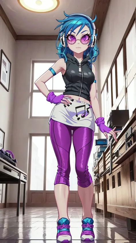 masterpiece,best quality,sunbeam,1girl,solo,sidewalk,day,indoors,ballroom,table,chandelier,window,
<lora:DJPon3:1>,DJPon3,gloves,blue hair,shoes,(dark sunglasses),fingerless gloves,hand on hip,headphones,purple leggings,sneakers,musical note,white minidress,zipper,arm warmers,musical note,purple eyes,:3,
toon \(style\),