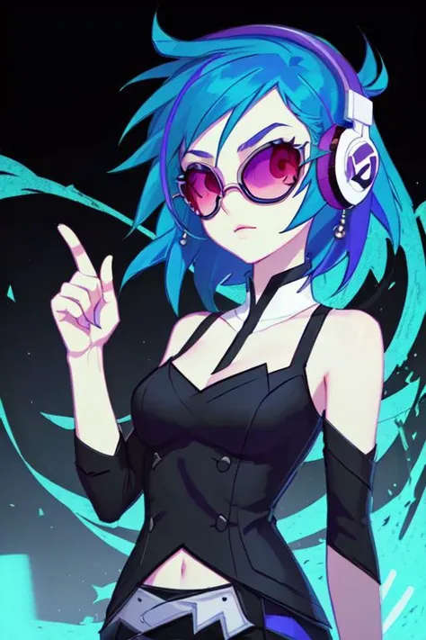 AS-YoungV2:1.2,Young energetic white girl with short hair, red eyes and large eyelashes(masterpiece:1.1),(highest quality:1.1),(HDR:1),(red eyes, blue hair),((headphones, dark sunglasses)),ambient light,ultra-high quality,( ultra detailed original llustration),(nature background),, <lora:DJPon3:0.8>,(1girl, upper body),double exposure,glitch,(original illustration composition),(fusion of limited color, maximalism artstyle, geometric artstyle, junk art),