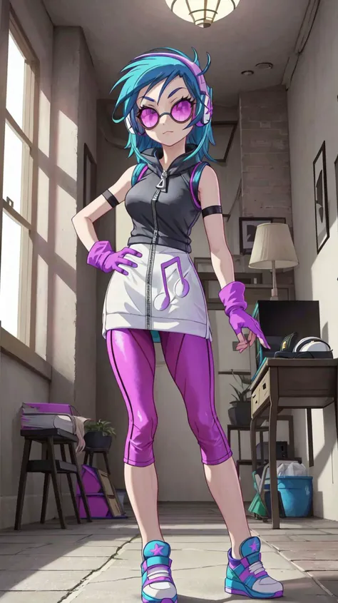 masterpiece,best quality,sunbeam,1girl,solo,sidewalk,day,indoors,ballroom,table,chandelier,window,
<lora:DJPon3:1>,DJPon3,gloves,blue hair,shoes,(dark sunglasses),fingerless gloves,hand on hip,headphones,purple leggings,sneakers,musical note,white minidress,zipper,arm warmers,musical note,purple eyes,:3,
toon \(style\),