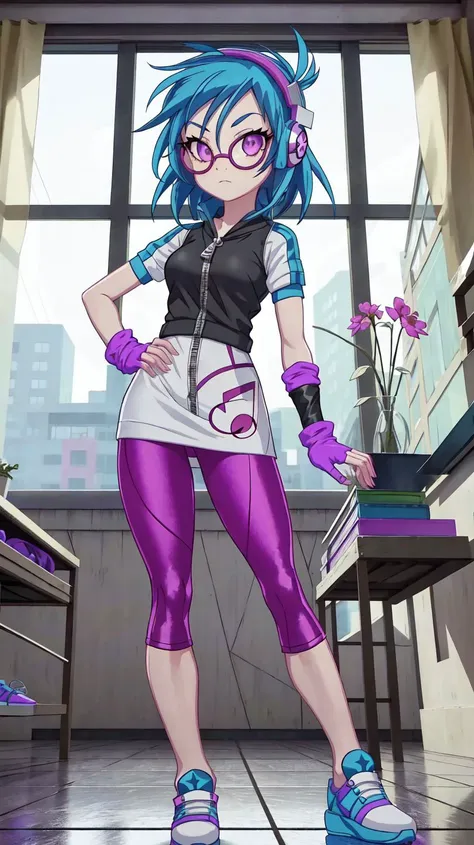 masterpiece,best quality,sunbeam,1girl,solo,sidewalk,day,indoors,ballroom,table,chandelier,window,
<lora:DJPon3:1>,DJPon3,gloves,blue hair,shoes,glasses,fingerless gloves,hand on hip,headphones,purple leggings,sunglasses,sneakers,musical note,white minidress,zipper,arm warmers,musical note,purple eyes,
toon \(style\),