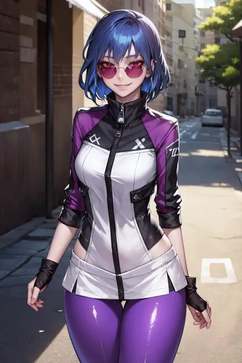(1girl, one girl), (solo:1.3), (djpon3:1.3),pale skin, short hair, headphones,(red_eyes), (cool_light_smirk:1.3), (blue hair:1.2), BREAK
walking ,(wide hips,thick_thighs:1.2) BREAK
(fingerless gloves, headphones, purple leggings, dark sunglasses, white minidress, zipper, arm warmers:1), BREAK
(outdoors gorgeous background, daylight,detailed_background:1.3), BREAK
best quality, masterpiece, detailed background, highly detailed, intricate, detailed face, long eyelashes, detailed eyes, <lora:Kidmo-LyCoris-V2:1><lora:DJPon3:0.6><lora:GoodHands-vanilla:1>