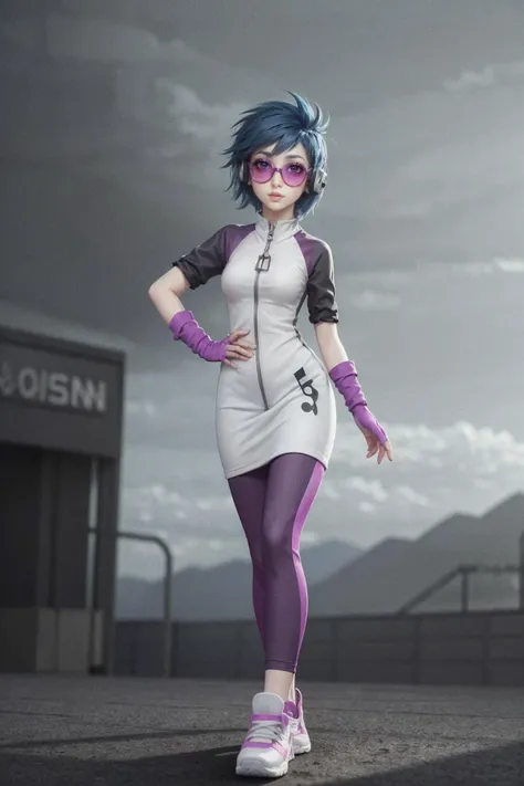 focus on hips, DJPon3, gloves, blue hair, shoes, glasses, fingerless gloves, hand on hip, headphones, purple leggings, sunglasses, sneakers, musical note, white minidress, zipper, arm warmers, musical note, purple eyes,<lora:DJPon3:0.6>, heroic stance, Cursed,Dark,<lora:Cursed:0.6>, Overcast Lighting, Anti-Aliasing, absurdres