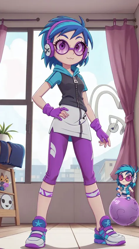 masterpiece,best quality,sunbeam,1girl,solo,day,indoors,ballroom,table,chandelier,window,
<lora:DJPon3:1>,DJPon3,gloves,blue hair,shoes,(dark sunglasses),fingerless gloves,hand on hip,headphones,purple leggings,sneakers,musical note,white minidress,zipper,arm warmers,musical note,purple eyes,:3,
toon \(style\),
