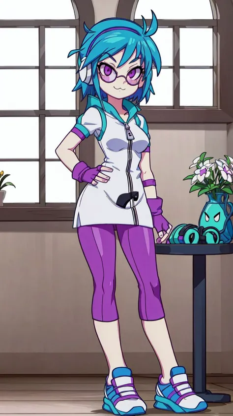 masterpiece,best quality,sunbeam,1girl,solo,day,indoors,ballroom,table,chandelier,window,
<lora:DJPon3:1>,DJPon3,gloves,blue hair,shoes,(dark sunglasses),fingerless gloves,hand on hip,headphones,purple leggings,sneakers,musical note,white minidress,zipper,arm warmers,musical note,purple eyes,:3,
toon \(style\),