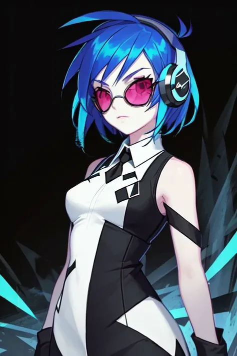 AS-YoungV2:1.2,Young energetic white girl with short hair, red eyes and large eyelashes(masterpiece:1.1),(highest quality:1.1),(HDR:1),(red eyes, blue hair),((headphones, dark sunglasses)),ambient light,ultra-high quality,( ultra detailed original llustration),(nature background),, <lora:DJPon3:0.8>,(1girl, upper body),double exposure,glitch,(original illustration composition),(fusion of limited color, maximalism artstyle, geometric artstyle, junk art),