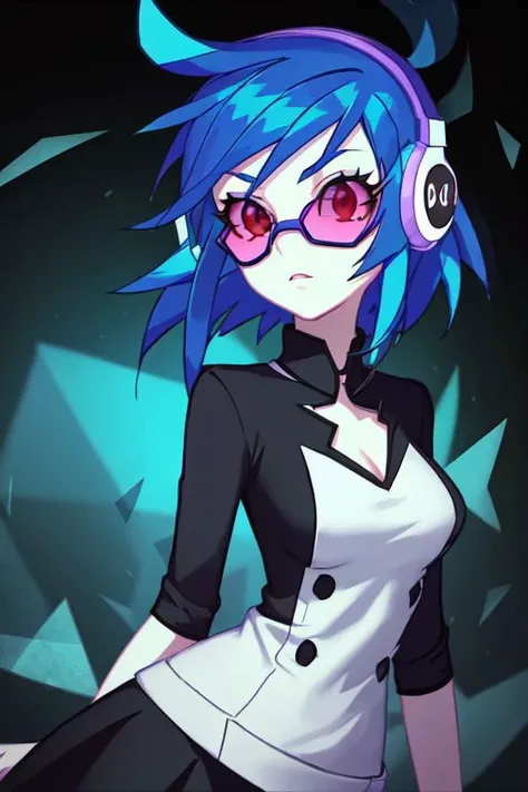 AS-YoungV2:1.2,Young energetic white girl with short hair, red eyes and large eyelashes(masterpiece:1.1),(highest quality:1.1),(HDR:1),(red eyes, blue hair),((headphones, dark sunglasses)),ambient light,ultra-high quality,( ultra detailed original llustration),(nature background),, <lora:DJPon3:0.8>,(1girl, upper body),double exposure,glitch,(original illustration composition),(fusion of limited color, maximalism artstyle, geometric artstyle, junk art),