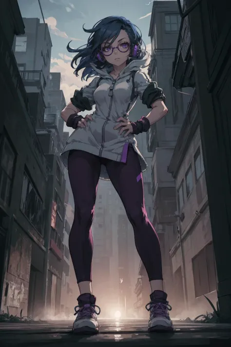 DJPon3, gloves, blue hair, shoes, glasses, fingerless gloves, hand on hip, headphones, purple leggings, sunglasses, sneakers, musical note, white minidress, zipper, arm warmers, musical note, purple eyes,<lora:DJPon3:0.6>, dark scene, posing, (ethereal atmosphere, bokeh, depth of field),<lora:epiC35mm:1> ,epiC35mm,<lora:exposure_control_v10:-0.3>