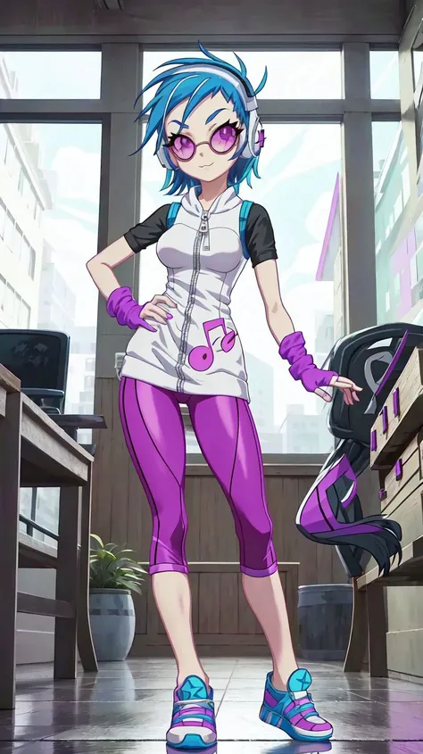 masterpiece,best quality,sunbeam,1girl,solo,sidewalk,day,indoors,ballroom,table,chandelier,window,
<lora:DJPon3:1>,DJPon3,gloves,blue hair,shoes,(sunglasses),fingerless gloves,hand on hip,headphones,purple leggings,sneakers,musical note,white minidress,zipper,arm warmers,musical note,purple eyes,:3,
toon \(style\),