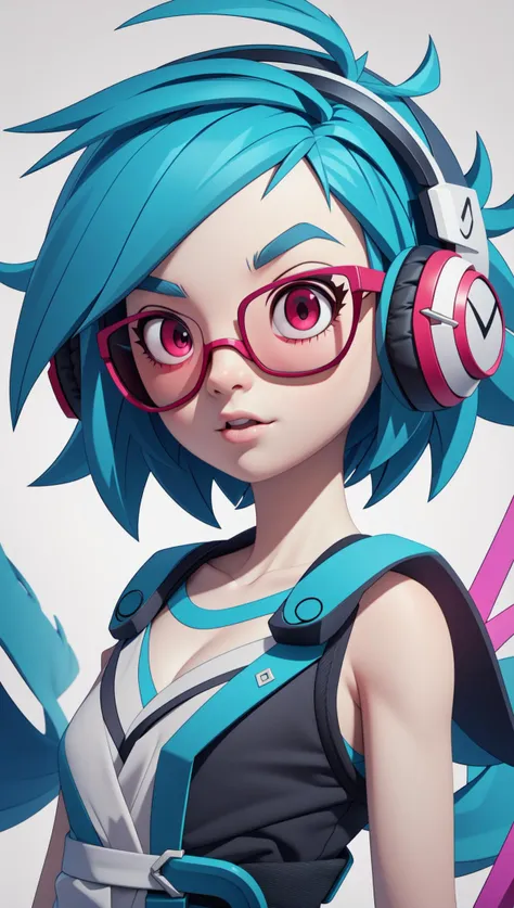 AS-YoungV2:1.2,Young energetic white girl with short hair, red eyes and large eyelashes(masterpiece:1.1),(highest quality:1.1),(HDR:1),(red eyes, blue hair),((headphones, dark sunglasses)),ambient light,ultra-high quality,( ultra detailed original llustration),(nature background),, <lora:DJPon3:0.8>,(1girl, upper body),double exposure,glitch,(original illustration composition),(fusion of limited color, maximalism artstyle, geometric artstyle, junk art),