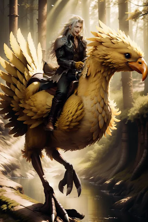 <lora:SephirothFinalFantasy0:0.9> Sephiroth (Final Fantasy), Sephiroth, laughing, ray of light, forest, <lora:riding_a:0.75> 1 man riding on a giant yellow bird, long silver hair , forest, river, ray of lights, ((running)), <lora:Chocobo_FF:0.9> chicken, bird, Chocobo, running
