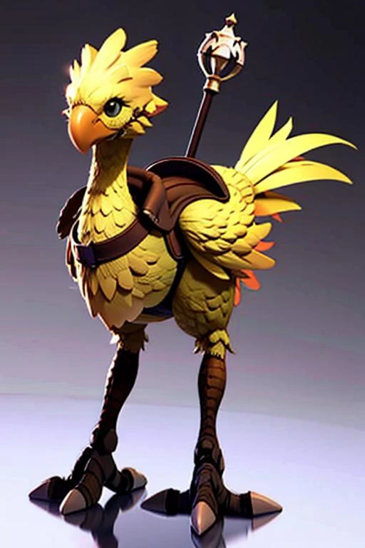chicken, 1girl, solo, short hair, blonde hair, simple background, riding, holding, standing, full body, hairband, grey background, gradient, gradient background, bird, staff, holding staff, chocobo<lora:Chocobo_FF:1>