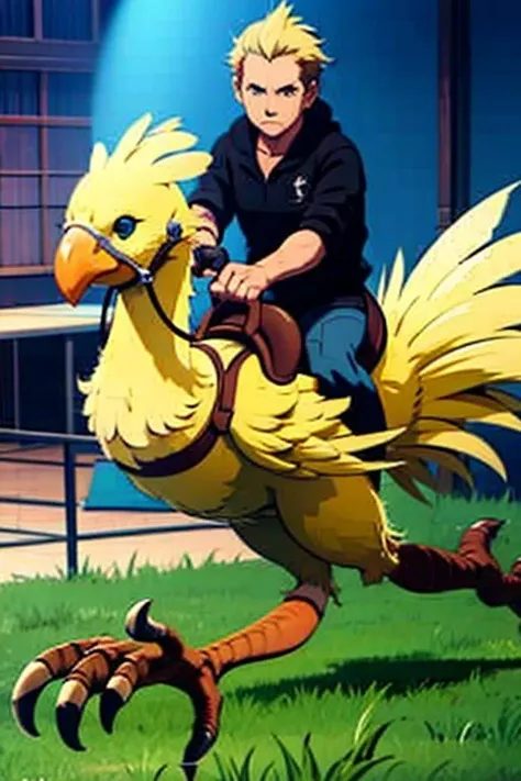 woman, (riding:1.2), chicken, chocobo, bird running, <lora:Chocobo_FF:1>