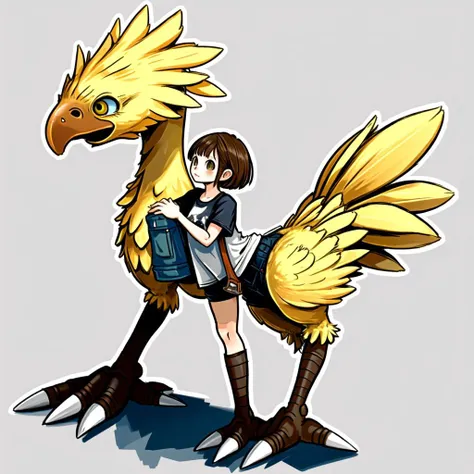 masterpiece, best quality, chicken, bird, Chocobo, <lora:Chocobo_FF:0.8>, Beautiful Art Style, 1girl, young woman, taut shirt, saturated, farm, standing splits, tigrex, monster_hunter, <lora:tigrex_v10:0.8>, <lora:CerberusV1:0.8>