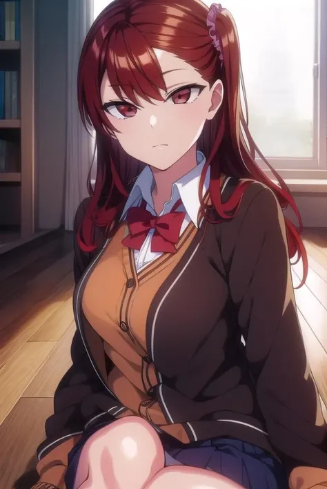 1girl ,20s,mature female,angry,white shirt,short sleeves,(black standard tie),black school skirt,red hair,long hair,fox ears,(classroom),cowboy shot