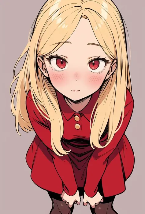 (masterpiece, best quality), 1girl, blonde hair, red dress, pantyhose, cute face, blush,