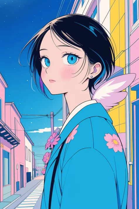 1girl, (children's illustration art stylized by Patricia Polacco:0.7) , colorful Ultra Wide Lens of a concept art, [1950'S:Gloomy:18] Angelic ([Megalodon|Trolley]:1.3) , background is Narrow city street, lush street and flowers, Stars in the sky, Bokeh, Ultra Detailed, Hopeless, Vaporpunk, Motion blur, Low shutter, Offset print, Soutache, fluorescent blue and DayGlo pink dust particles, hyperdetailed, extremely hyper aesthetic