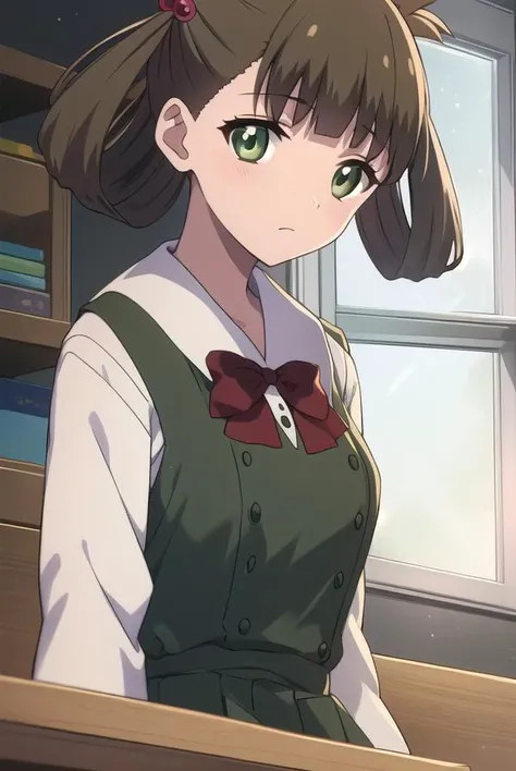hikarikuroda, <lyco:hikarikuroda-lyco-nochekaiser:1>,
hikari kuroda, bangs, (brown hair:1.5), hair ornament, twintails, (green eyes:1.5), hair bobbles, hair rings,
BREAK school uniform, long sleeves, bow, red bow,
BREAK looking at viewer,
BREAK indoors, classroom,
BREAK <lyco:GoodHands-beta2:1>, (masterpiece:1.2), best quality, high resolution, unity 8k wallpaper, (illustration:0.8), (beautiful detailed eyes:1.6), extremely detailed face, perfect lighting, extremely detailed CG, (perfect hands, perfect anatomy),