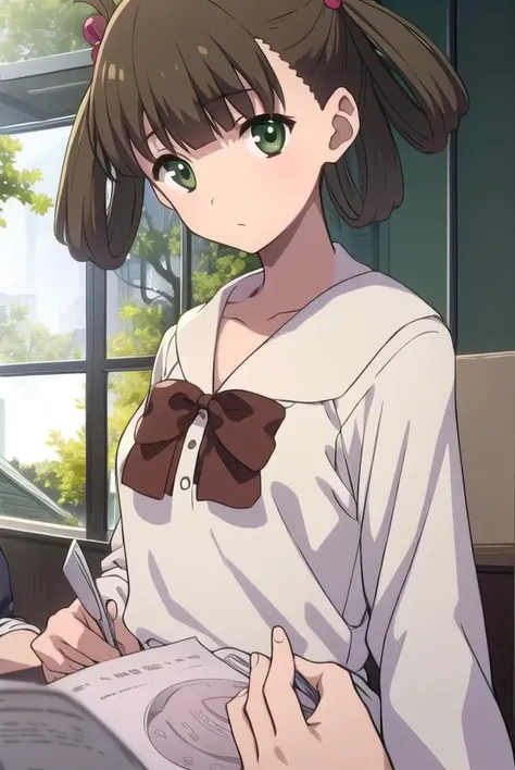 hikarikuroda, <lyco:hikarikuroda-lyco-nochekaiser:1>,
hikari kuroda, bangs, (brown hair:1.5), hair ornament, twintails, (green eyes:1.5), hair bobbles, hair rings,
BREAK school uniform, long sleeves, bow, red bow,
BREAK looking at viewer,
BREAK indoors, classroom,
BREAK <lyco:GoodHands-beta2:1>, (masterpiece:1.2), best quality, high resolution, unity 8k wallpaper, (illustration:0.8), (beautiful detailed eyes:1.6), extremely detailed face, perfect lighting, extremely detailed CG, (perfect hands, perfect anatomy),