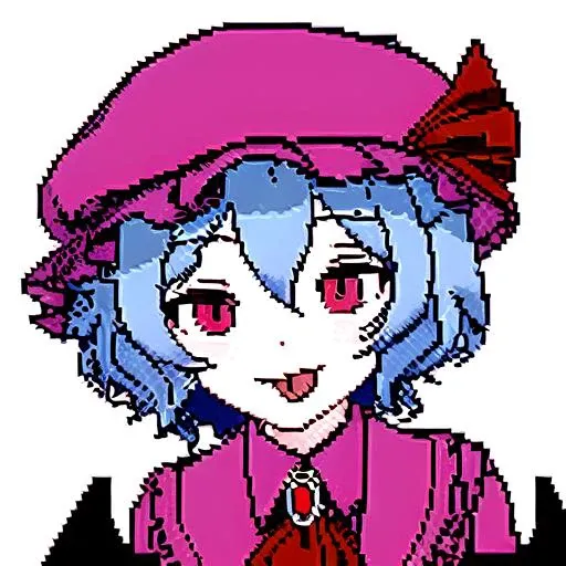 (nft:1.3), best quality, 1girl, solo, remilia scarlet, blue hair, red eyes, hat, wings, ascot, looking at viewer, pixel art, portrait, head focus, tongue out, 1girl, pixel art, white background