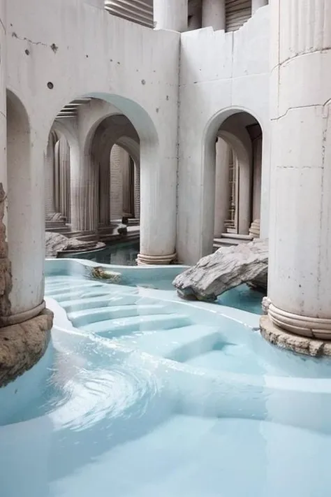 vast empty scenes, (catwalks:1.2), (arch:0.8), (pillars:0.8) , pipes, fern , (eco-brutalism:1.2), vast scenery <lora:Blame!:1.1> ,watah, ((concrete temple, rocks)) <lora:watah:0.7>