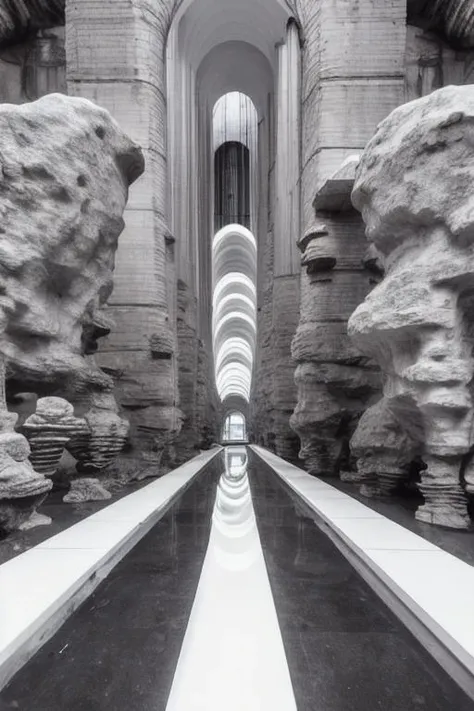 vast empty scenes, (catwalks:1.2), (arch:0.8), (pillars:0.8) , pipes, fern , (eco-brutalism:1.2), vast scenery <lora:Blame!:1.1> ,watah, ((concrete temple, rocks)) <lora:watah:0.7>,