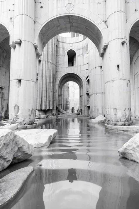 vast empty ruins, huge scenes, (catwalks:1.2), (arch:0.8), (pillars:0.8) , pipes, fern , (eco-brutalism:1.2), vast scenery <lora:Blame!:1.1> ,watah, ((concrete temple, rocks)) <lora:watah:0.7>