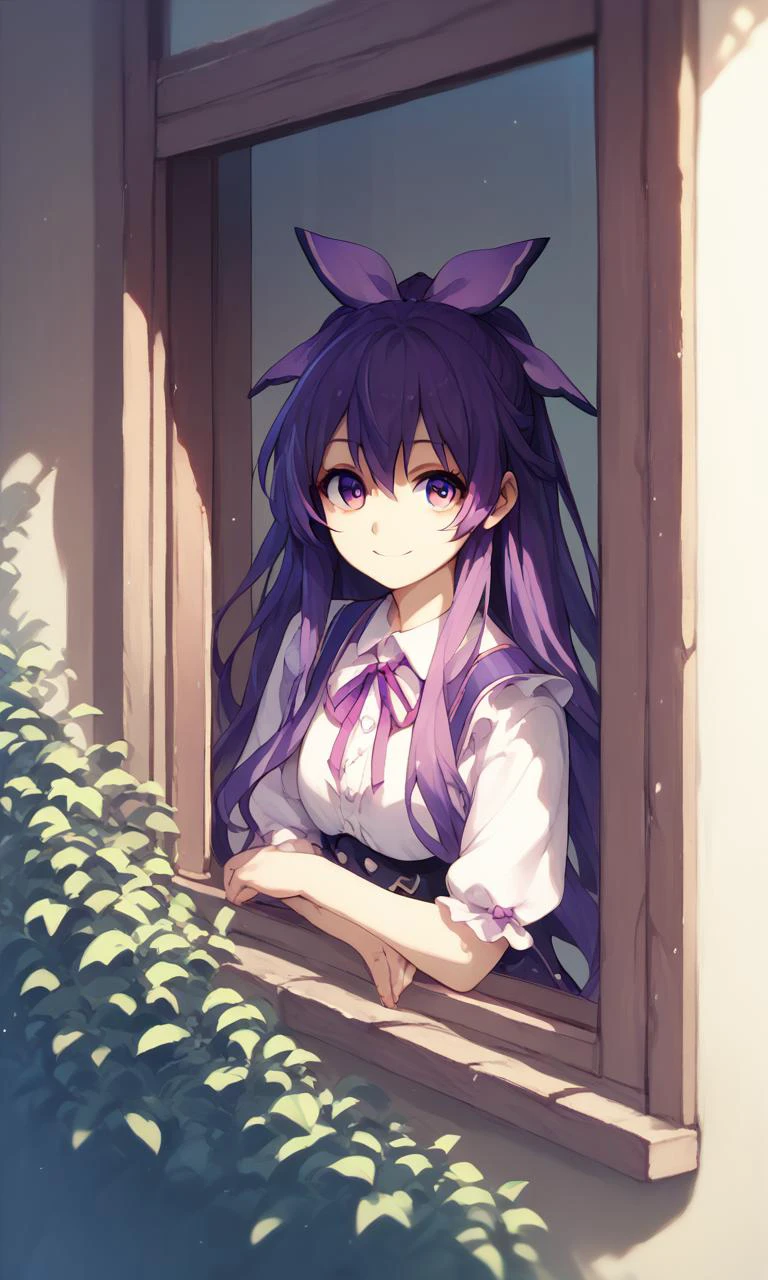 score_9,score_8_up,score_7_up,score_6_up,score_5_up,score_4_up,1girl,solo,<lora:Pony-人ç©-约æ-å¤åç¥åé¦ï¼nochekaiser881ï¼:1>,tooka yatogami,purple eyes,purple hair,long hair,hair ribbon,ribbon,
looking at viewer,
<lora:from_outside_window_24re_pony_2_d4>,from outside window,smile,sunlight,day