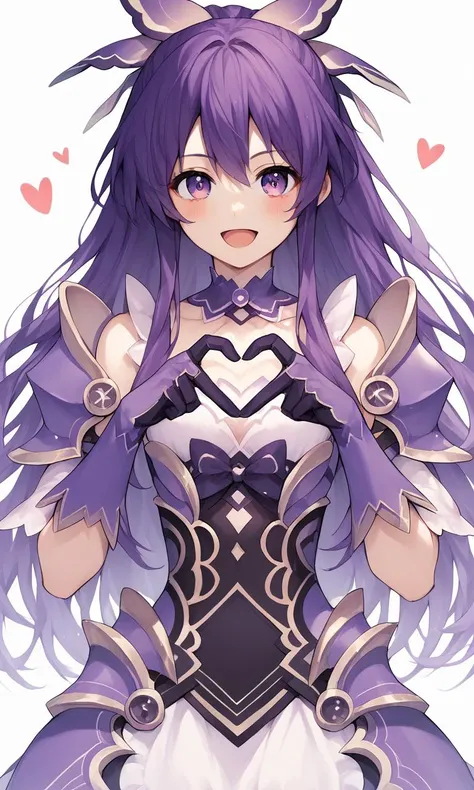 score_9,score_8_up,score_7_up,score_6_up,score_5_up,score_4_up,1girl,solo,<lora:Pony-人ç©-约æ-å¤åç¥åé¦ï¼nochekaiser881ï¼:1>,tooka yatogami,hair ribbon,purple eyes,purple hair,long hair,ribbon,
armor,armored dress,choker,dress,gloves,pauldrons,shoulder armor,smile,open mouth,looking at viewer,blush,
<lora:Heart_Fingers__Concept_Lora-000007>,heart fingers,heart hands,upper body