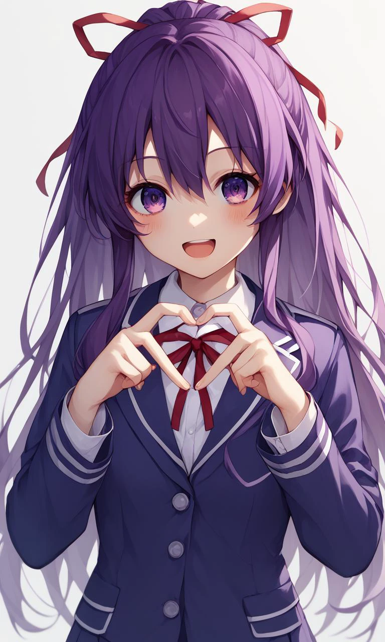 score_9,score_8_up,score_7_up,score_6_up,score_5_up,score_4_up,1girl,solo,<lora:Pony-人ç©-约æ-å¤åç¥åé¦ï¼nochekaiser881ï¼:1>,tooka yatogami,hair ribbon,red hair ribbon,purple eyes,purple hair,long hair,ribbon,
raizen high school uniform,school uniform,smile,open mouth,looking at viewer,blush,
<lora:Heart_Fingers__Concept_Lora-000007>,heart fingers,heart hands,upper body
