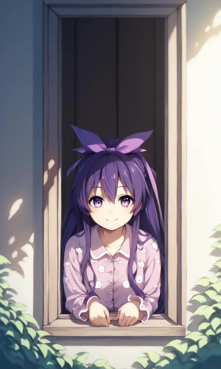 score_9,score_8_up,score_7_up,score_6_up,score_5_up,score_4_up,1girl,solo,<lora:Pony-人ç©-约æ-å¤åç¥åé¦ï¼nochekaiser881ï¼:1>,tooka yatogami,purple eyes,purple hair,long hair,hair ribbon,ribbon,
looking at viewer,
<lora:from_outside_window_24re_pony_2_d4>,from outside window,smile,sunlight,day,print_pajamas