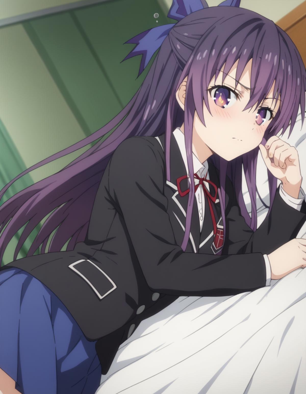 Anime girl laying on a bed with her head on her pillow - SeaArt AI