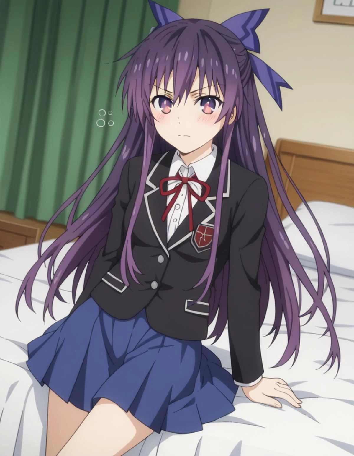 score_9, score_8_up, score_7_up, source_anime,
tookayatogami, <lora:tooka-yatogami-s4s5-ponyxl-lora-nochekaiser:1>,
tooka yatogami, hair ribbon, purple eyes, purple hair, long hair, ribbon,
raizen high school uniform, school uniform, blazer, black blazer, skirt, blue skirt,
indoors, bed, bed room, on side, blush, drunk,
looking at viewer, solo, cowboy shot, dutch angle,