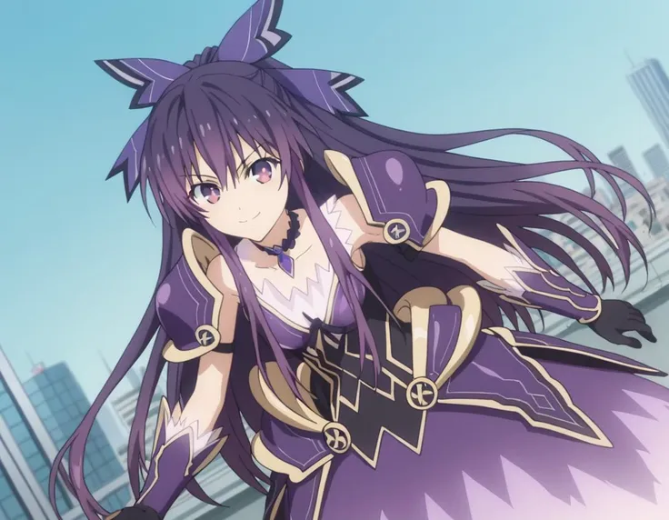 score_9, score_8_up, score_7_up, source_anime,
tookayatogami, <lora:tooka-yatogami-s4s5-ponyxl-lora-nochekaiser:1>,
tooka yatogami, hair ribbon, purple eyes, purple hair, long hair, ribbon,
armor, armored dress, choker, dress, gloves, pauldrons, shoulder armor,
outdoors, cityscape, bent over, smile,
looking at viewer, solo, cowboy shot, dutch angle,