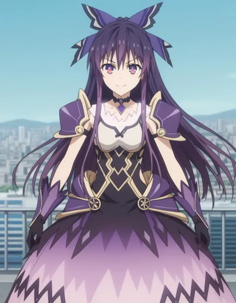 score_9, score_8_up, score_7_up, source_anime,
tookayatogami, <lora:tooka-yatogami-s4s5-ponyxl-lora-nochekaiser:1>,
tooka yatogami, hair ribbon, purple eyes, purple hair, long hair, ribbon,
armor, armored dress, choker, dress, gloves, pauldrons, shoulder armor,
outdoors, cityscape, bent over, smile,
looking at viewer, solo, cowboy shot, dutch angle,