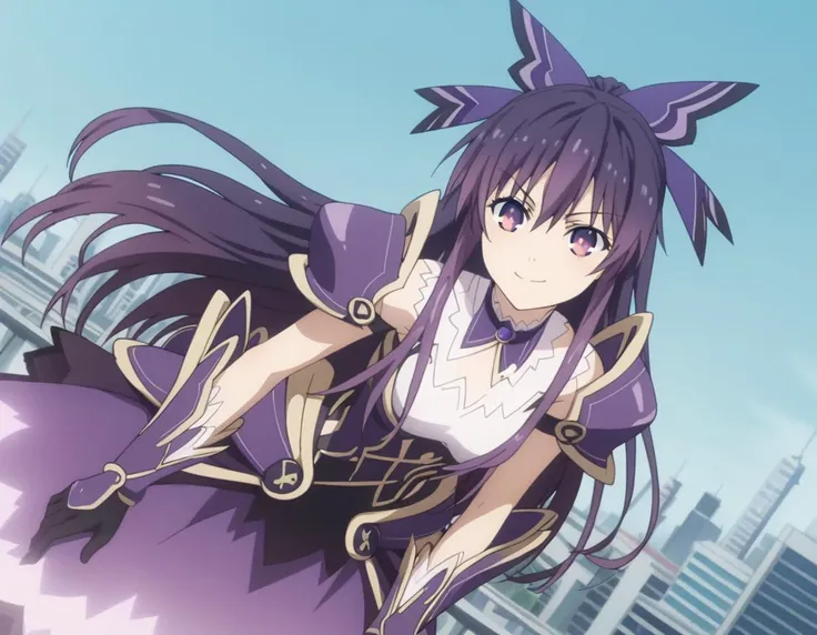 score_9, score_8_up, score_7_up, source_anime,
tookayatogami, <lora:tooka-yatogami-s4s5-ponyxl-lora-nochekaiser:1>,
tooka yatogami, hair ribbon, purple eyes, purple hair, long hair, ribbon,
armor, armored dress, choker, dress, gloves, pauldrons, shoulder armor,
outdoors, cityscape, bent over, smile,
looking at viewer, solo, cowboy shot, dutch angle,