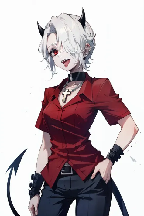 zdrada(helltaker), solo, short hair, demon girl, black horns, 1girl, demon horns, red eyes, white background, ,white hair, demon tail, tail, hair over one eye, horns, ear piercing, simple background , red shirt, collared shirt, cross necklace, cross, choker, black pants, sharp teeth, tongue out, tongue, long tongue, tongue piercing, <lora:zdrada:1>